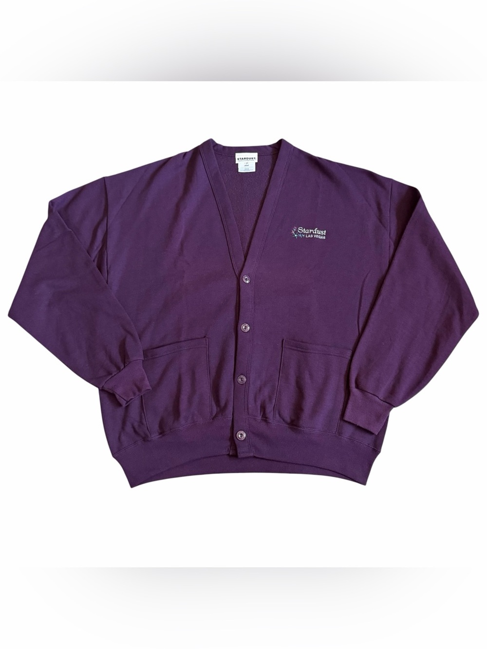 VTG 90’s Stardust Casino Las Vegas Cardigan Sweater OSFM XL 25.5x28.5 Purple USA